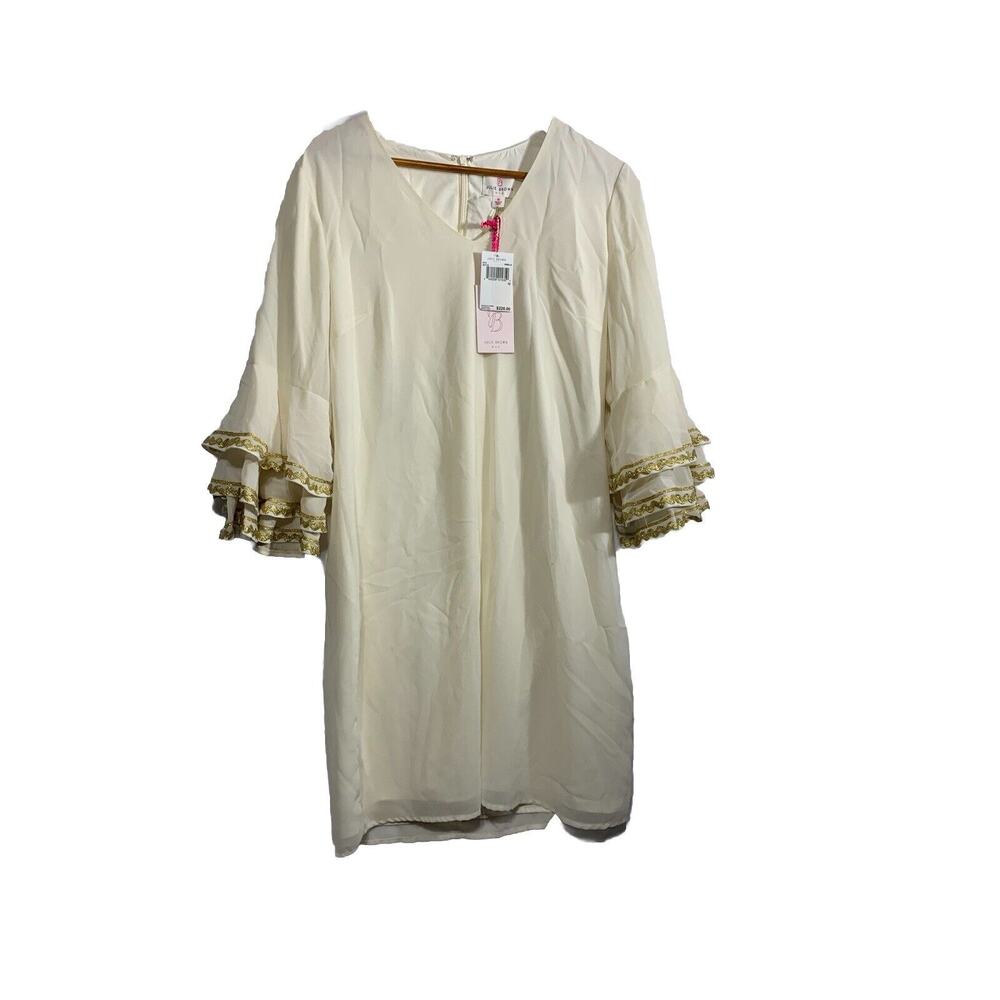 Julie Brown Beige Sheer Bell Ruffle Sleeve Gold Edging Lined Dress New 10 $220